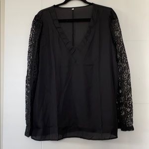 Black V-Neck Blouse w/ Lace Sleeves